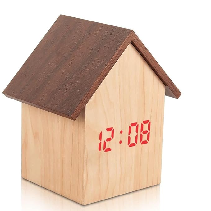 Power Plus Hut Shape Wooden LED Clock-Brown/Natural