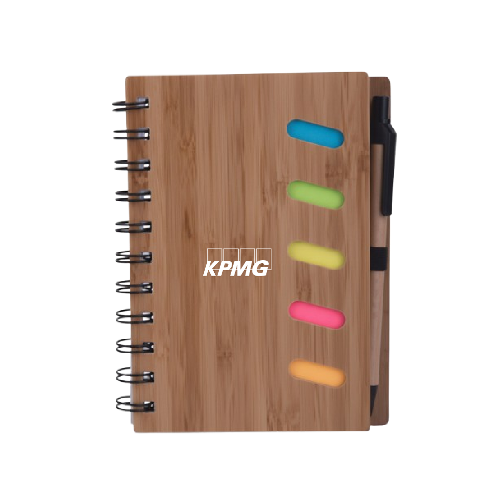 Power Plus Bamboo Notebook with Sticky Notes and Pen-Brown