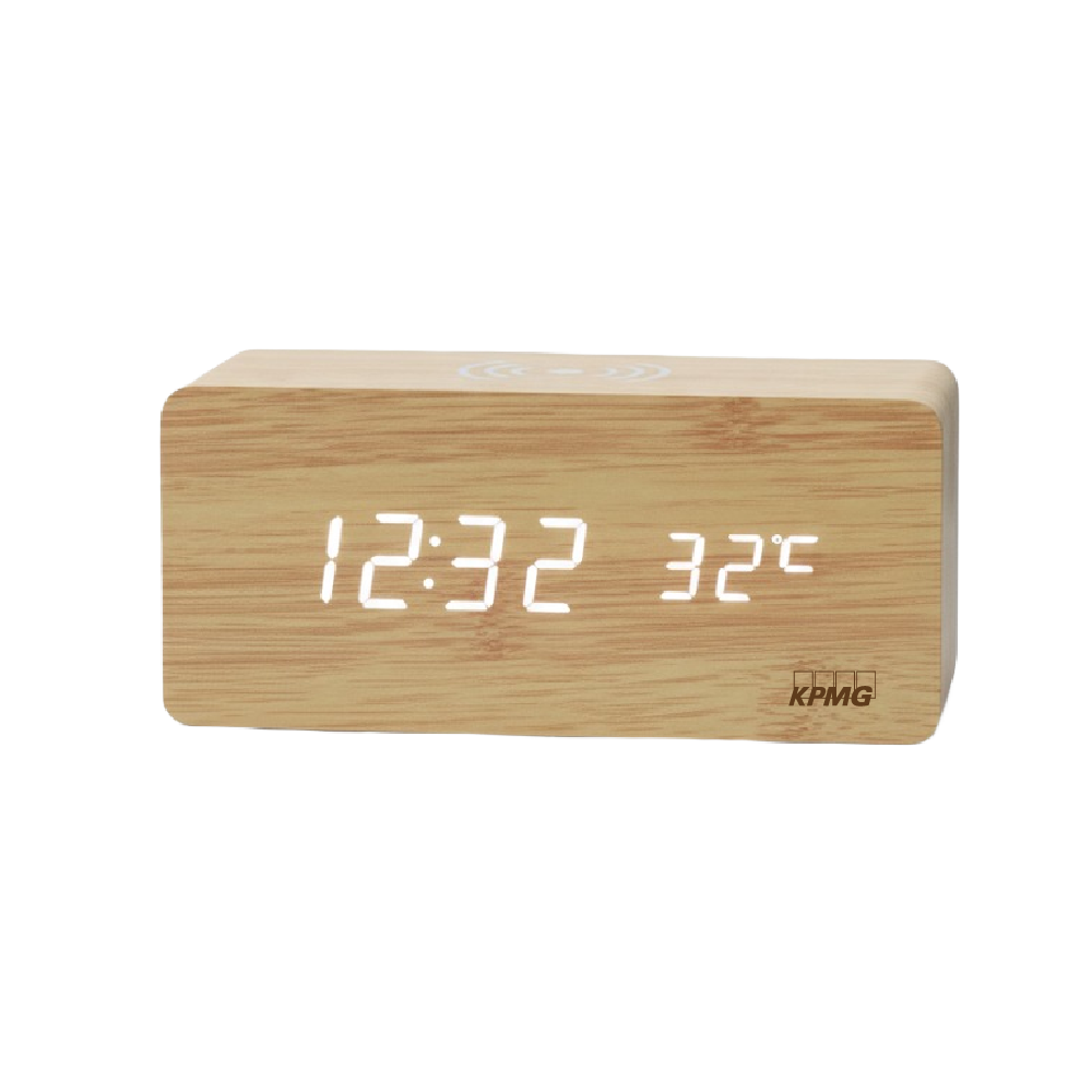MG Bamboo Deck LED Clock and Wireless Charger-Natural