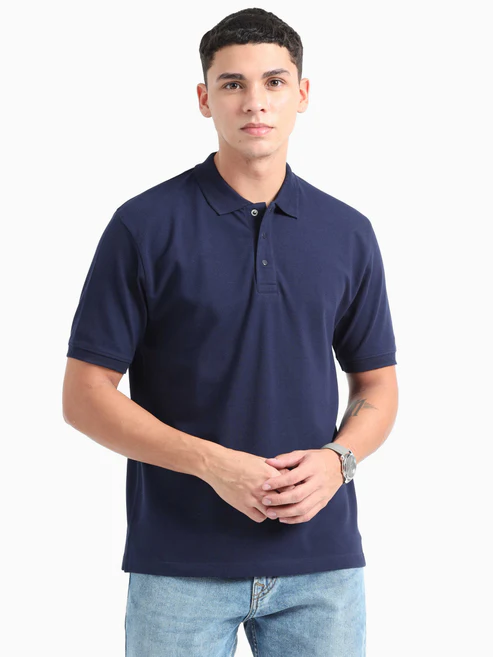 Caslay Sustainable Organic Polo Neck T-Shirt -Navy Blue