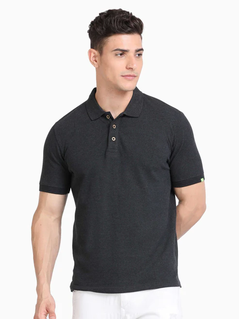 Caslay Sustainable Polo Neck T-Shirt -Charcoal Melange