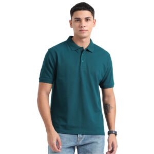 Caslay Sustainable Organic Polo Neck T-Shirt -Petrol Blue