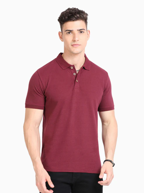 Caslay Sustainable Polo Neck T-Shirt -Maroon