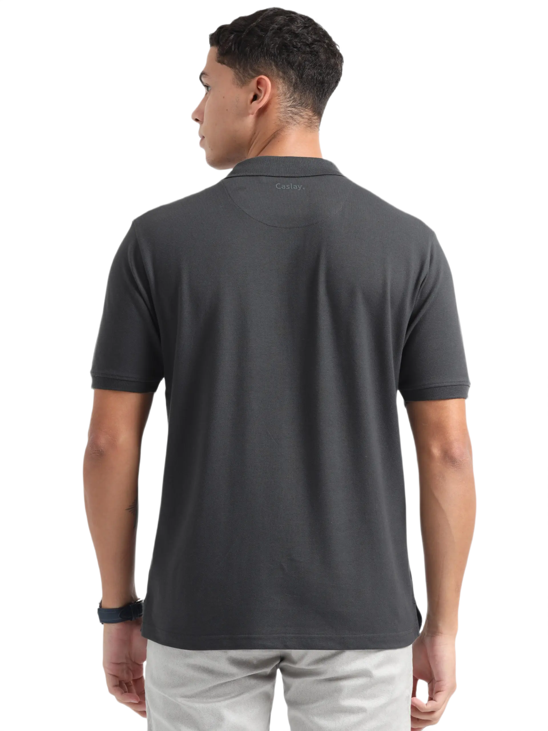 Caslay Sustainable Organic Polo Neck T-Shirt -Carbon Grey - Image 2