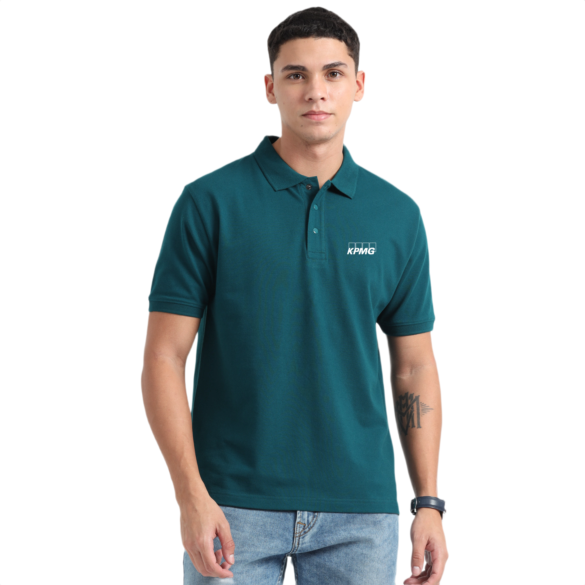 Caslay Sustainable Organic Polo Neck T-Shirt -Petrol Blue