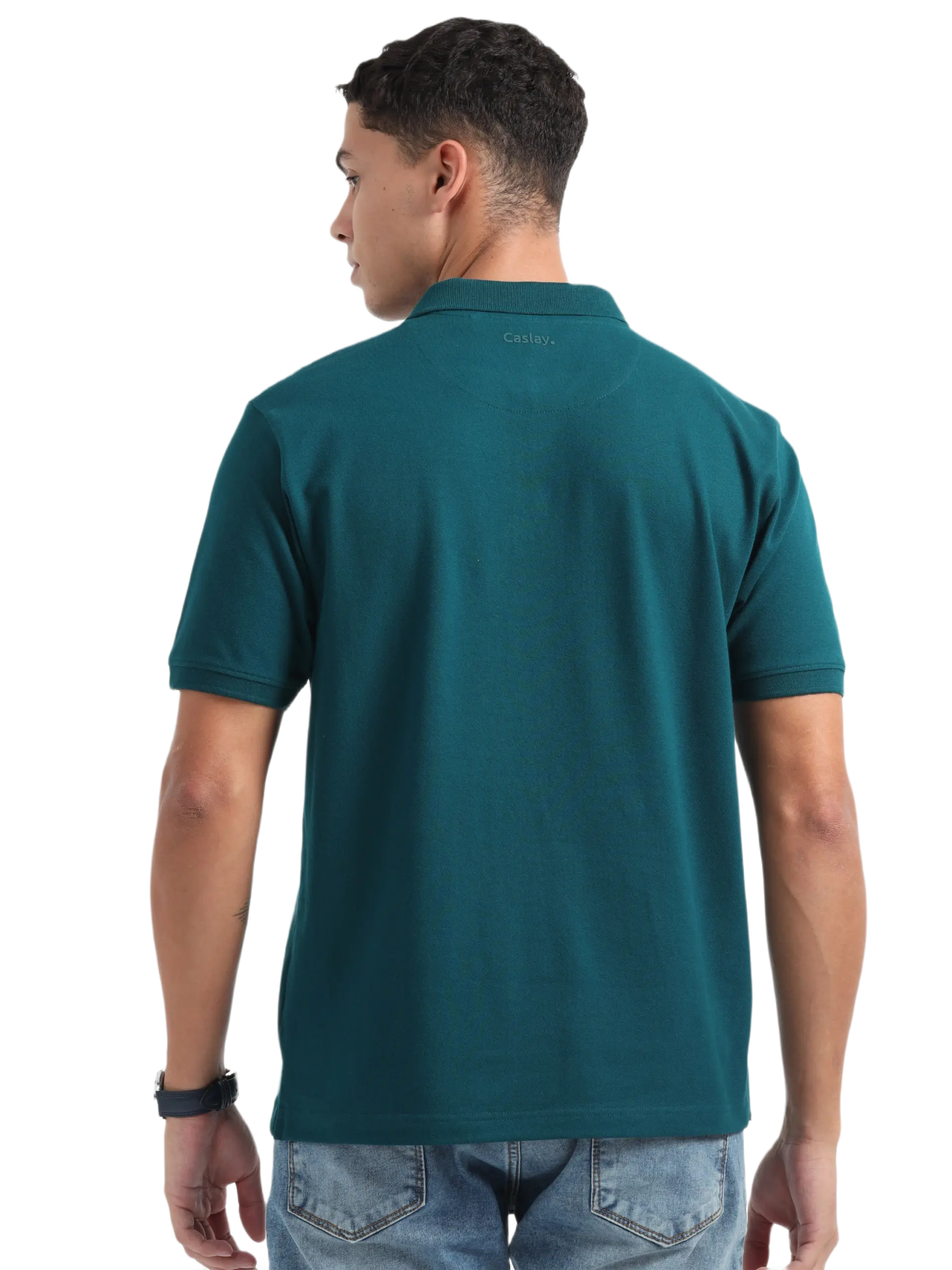 Caslay Sustainable Organic Polo Neck T-Shirt -Petrol Blue - Image 2