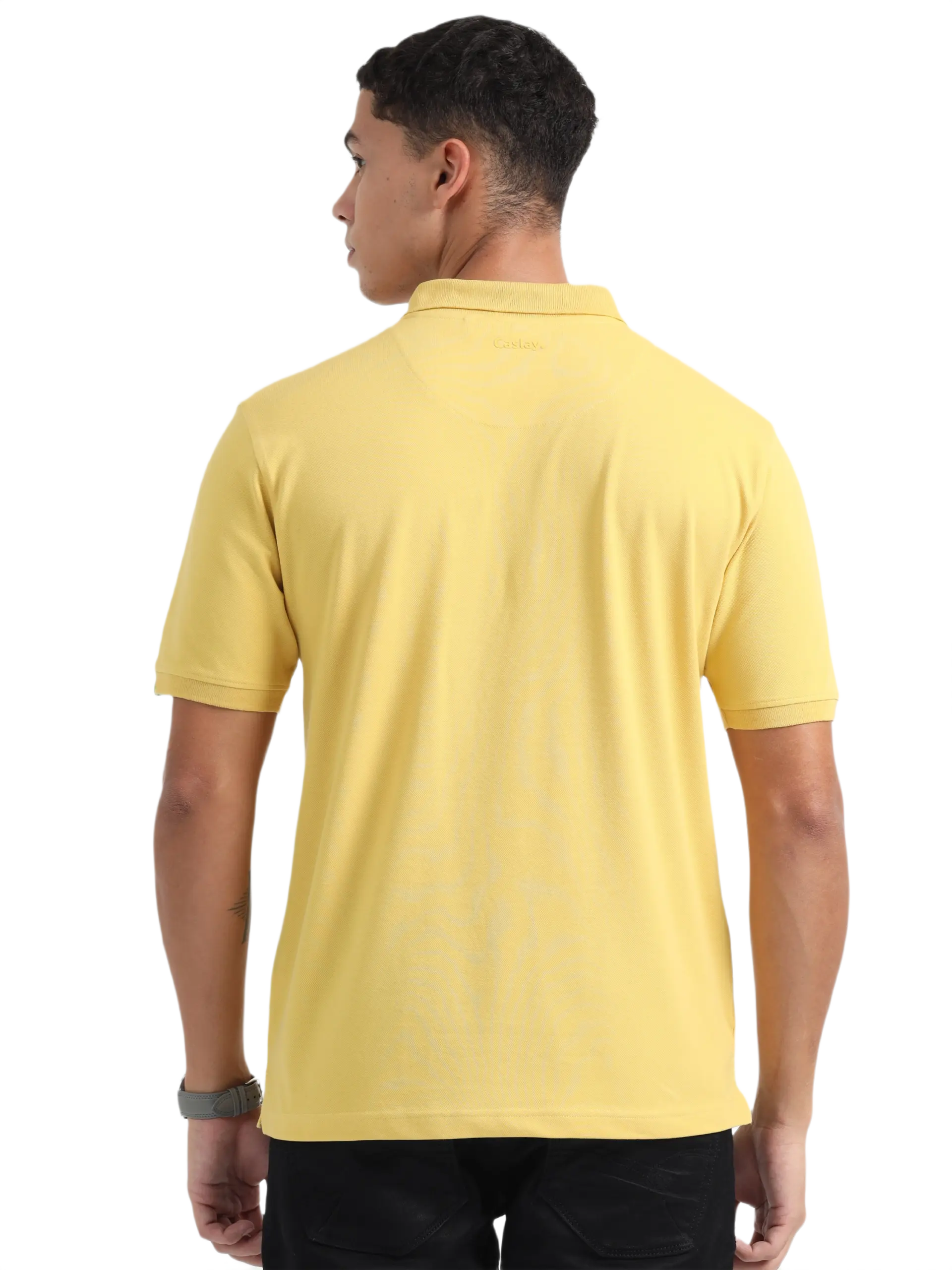 Caslay Sustainable Organic Polo Neck T-Shirt -Mustard - Image 2