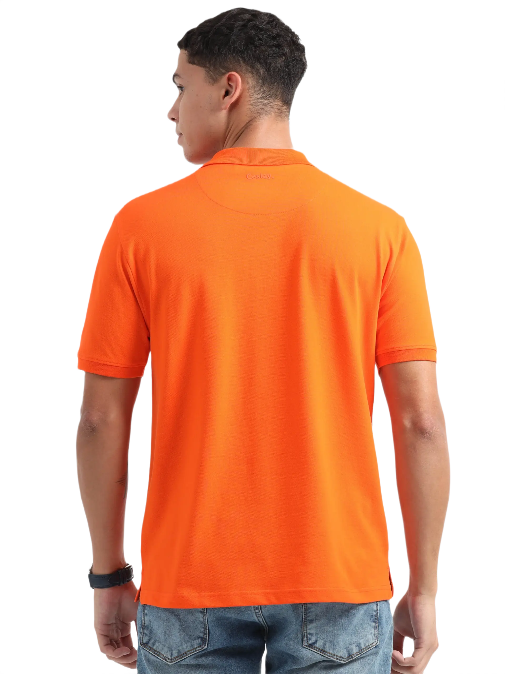Caslay Sustainable Organic Polo Neck T-Shirt -Orange - Image 2