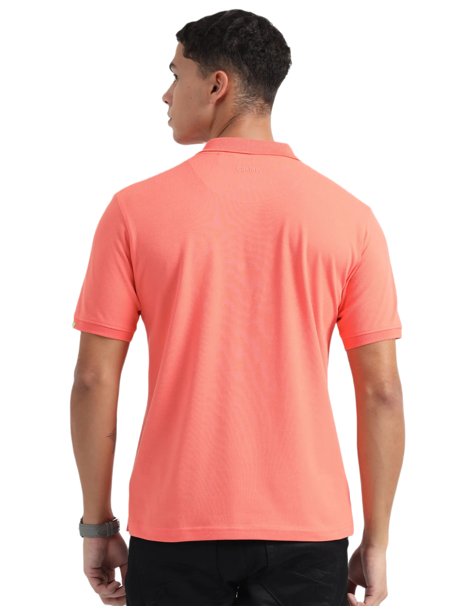 Caslay Sustainable Organic Polo Neck T-Shirt -Coral - Image 2
