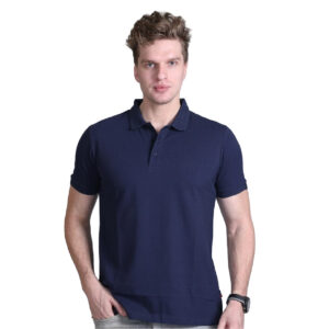 Jacquard Collar Solid T Shirt Fabric Cotton Poly Stretch - Navy